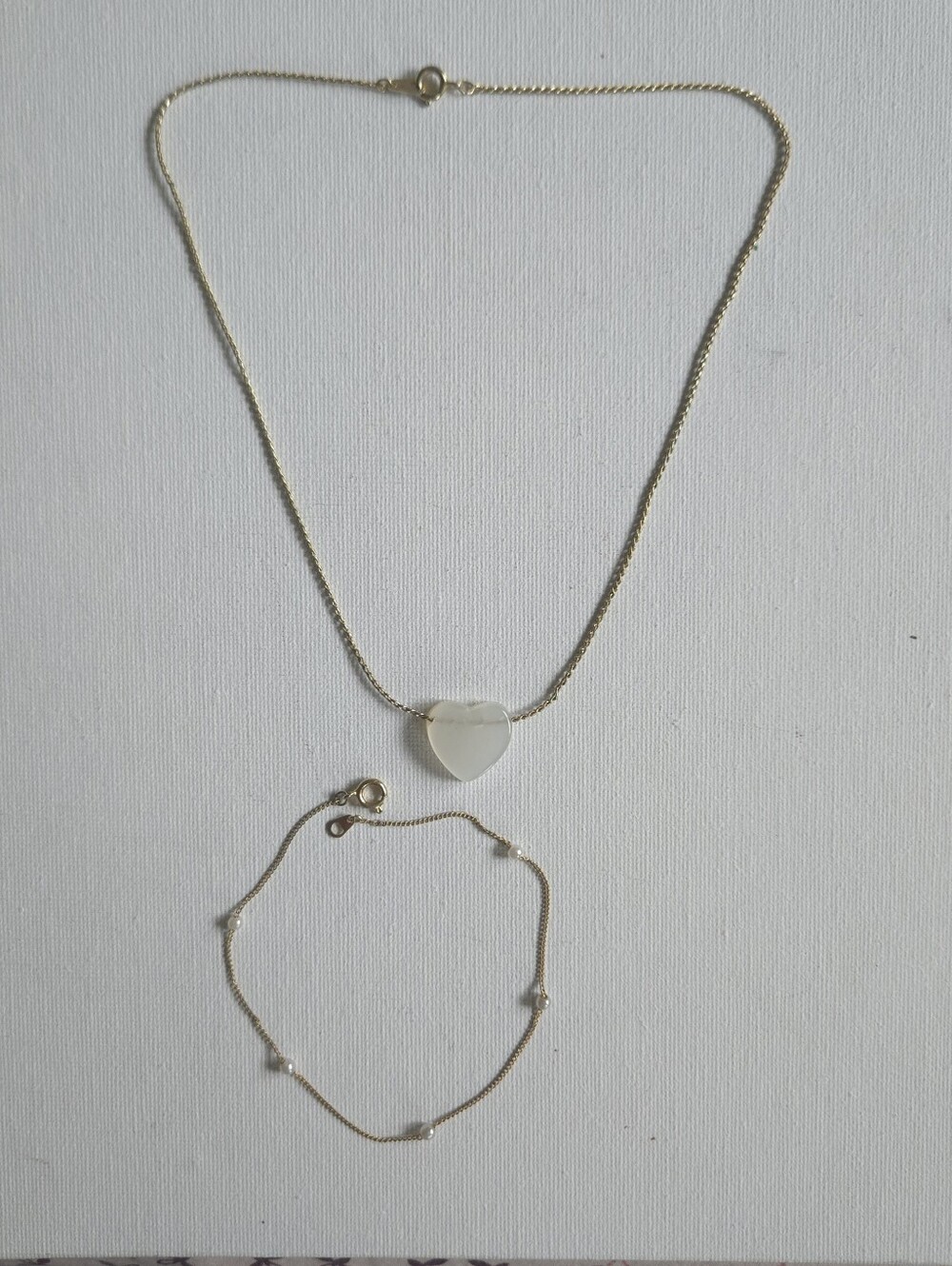 Vintage Gold Tone Heart Pendant Necklace & Faux Pearl Station Bracelet Set